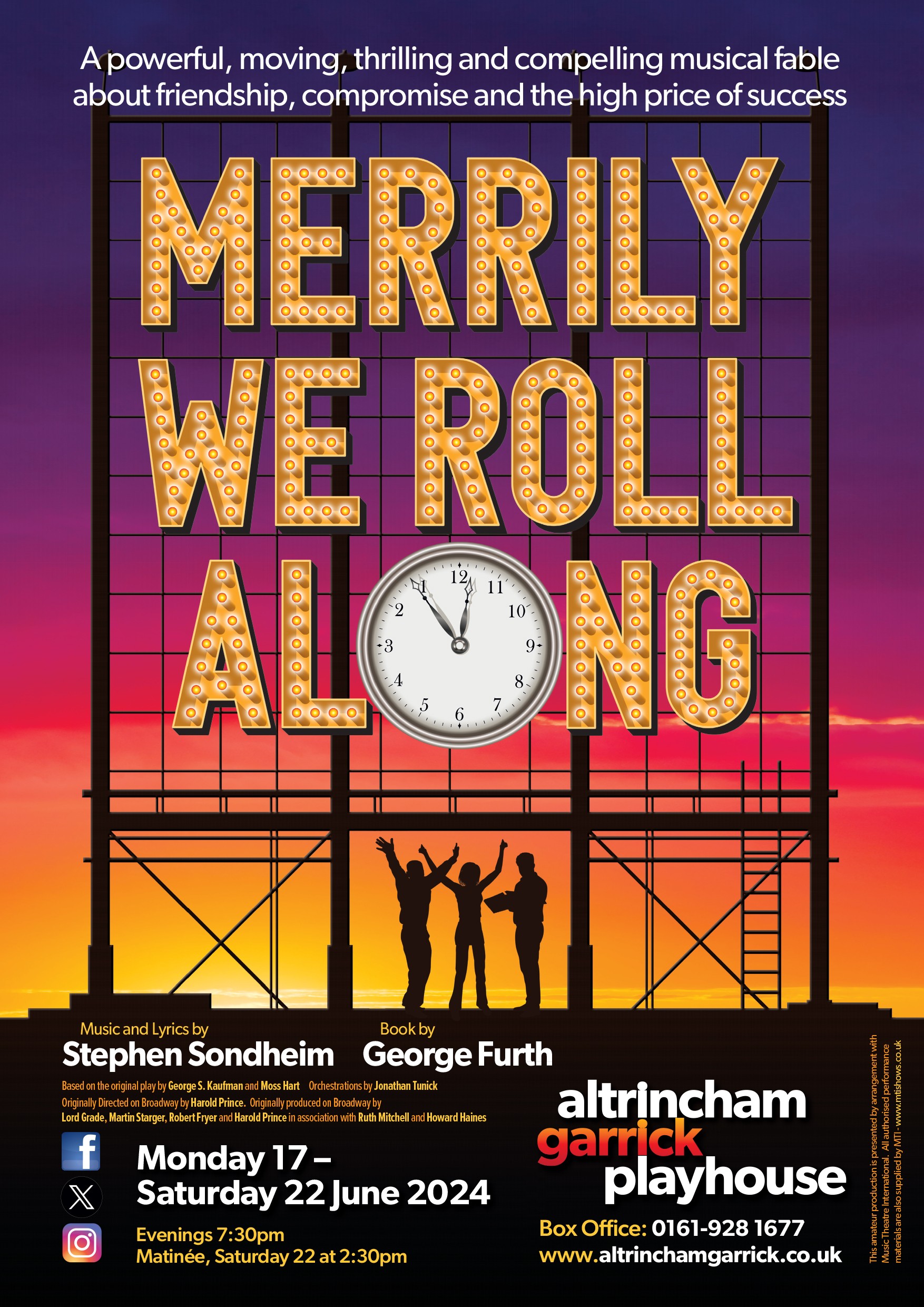 Poster for Merrily We Roll Along shows a marquee-style sign with the title in large, yellow letters against a sunset sky. A clock is centered within the title. Below, it lists show details: Stephen Sondheim, George Furth, show dates (June 17-22, 2024), and Altrincham Garrick Playhouse.