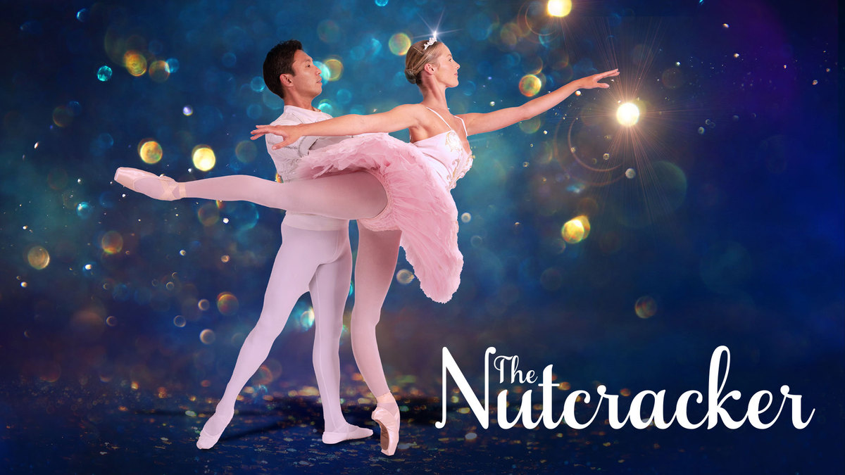 A male ballet dancer in white lifts a female ballet dancer in a pink tutu, both in a graceful pose. The background is a dreamy mix of blue, purple, and gold bokeh lights with the caption The Nutcracker in elegant white text.