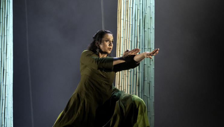Urja Desai Thakore, in a green sari, poses with left leg bent and arms outstretched.
