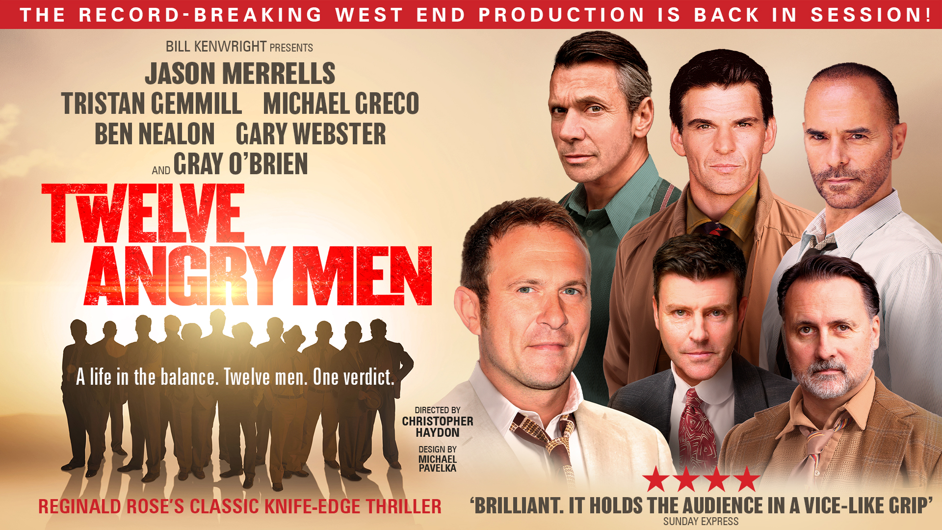 Poster for the play Twelve Angry Men featuring seven men dressed in formal attire. The tagline reads: A life in the balance. Twelve men. One verdict. Top and bottom text highlight the play's acclaim and production details.