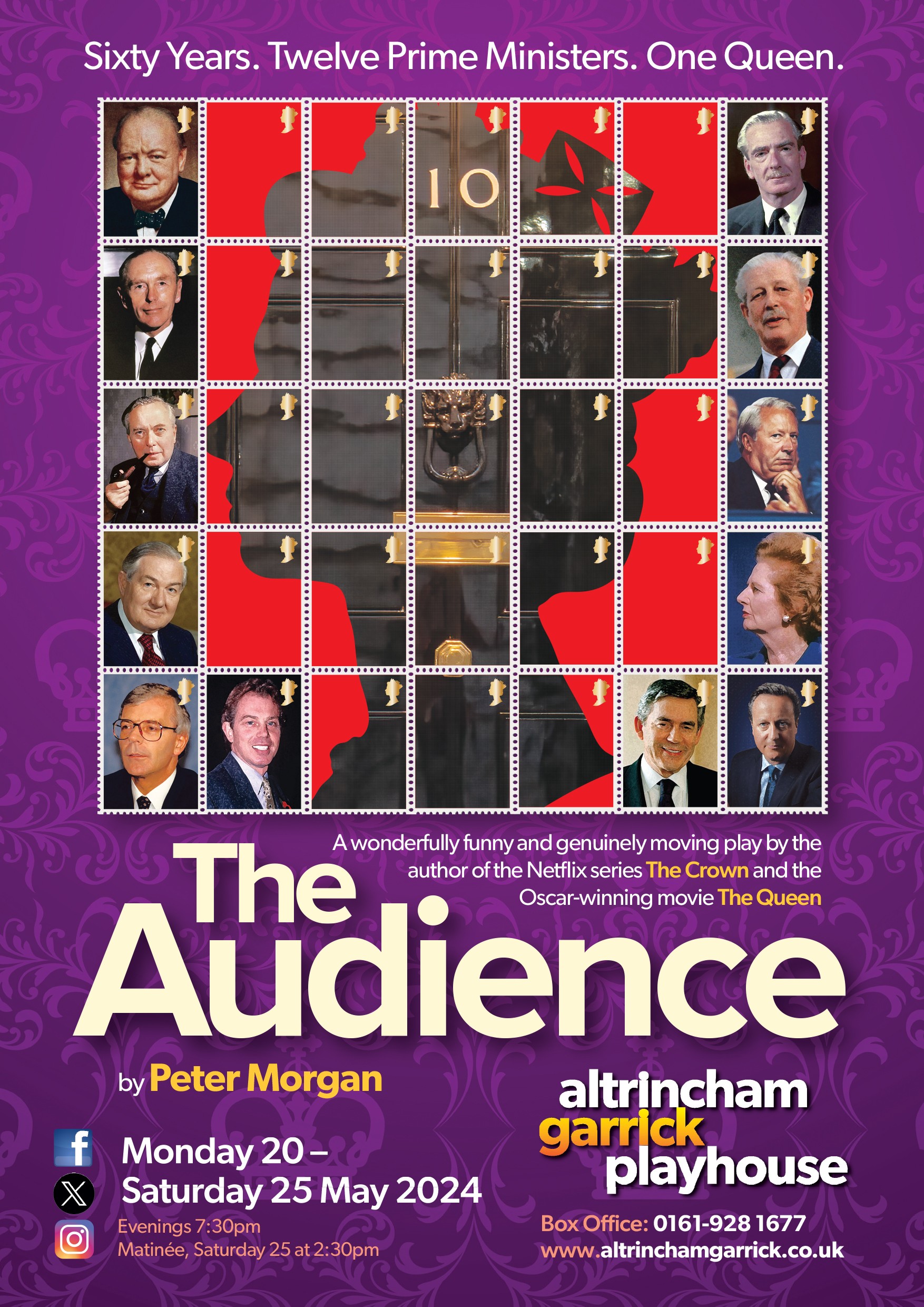 Poster for The Audience play at Altrincham Garrick Playhouse, running from May 20 to May 25, 2024. The poster has portraits of Prime Ministers and the Queen, a crown emblem at the center, and details about the play written at the bottom.