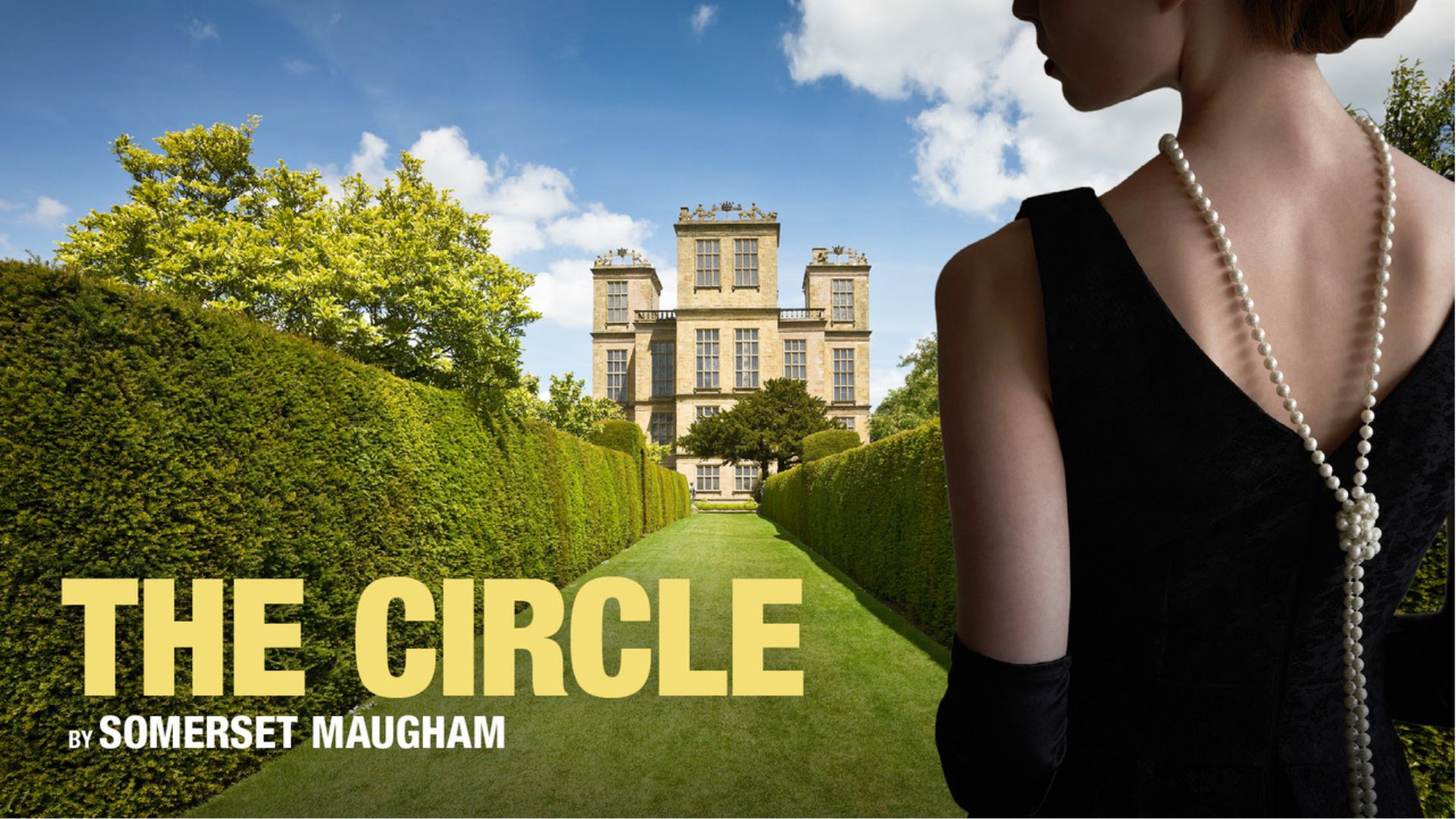 A woman with a pearl necklace and black dress stands with her back to the camera, facing a large manor house set against a blue sky and framed by manicured hedges. The text THE CIRCLE by SOMERSET MAUGHAM is displayed prominently on the left side of the image.