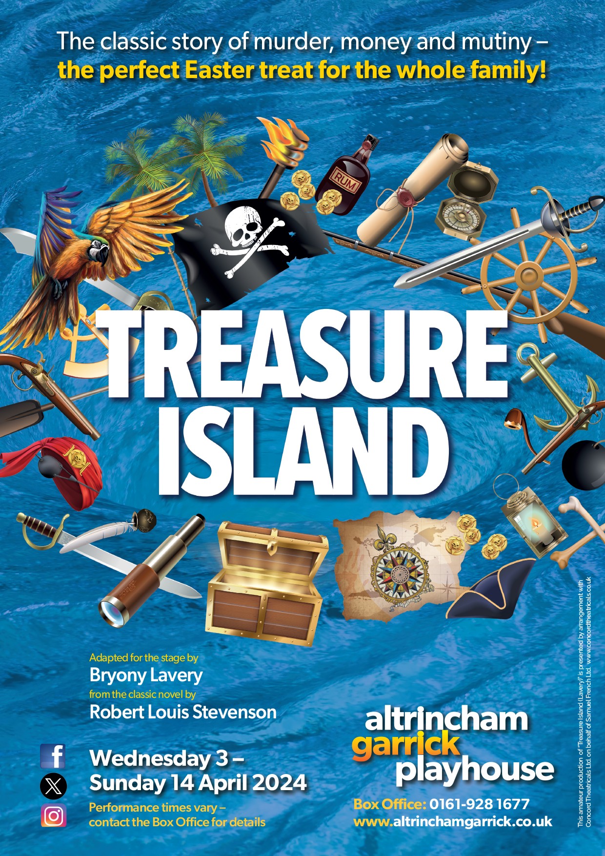 A promotional poster for Treasure Island at Altrincham Garrick Playhouse, running from April 3 to April 14, 2024. The poster features pirate-themed imagery including a skull and crossbones, maps, swords, and treasure chests on a blue ocean background.
