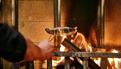 A person roasts a fish over a wood-burning fire. The fish is held by a metal skewer, and flames and glowing embers are visible beneath it. The scene takes place in front of a brick or tile backdrop.