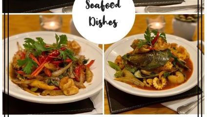 four seafood Thai dishes in a quadrant design