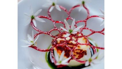 a red flower inspired plant designed dish in a white bowl