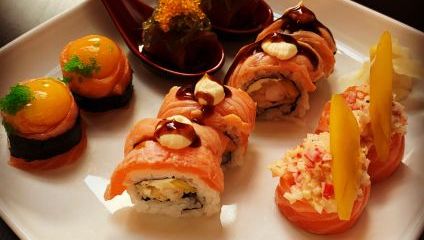 Platter of colourful sushi
