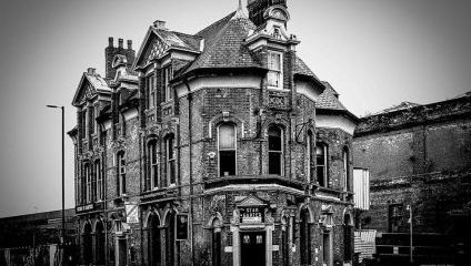Black and white photo of the front of the Star and Garter pub