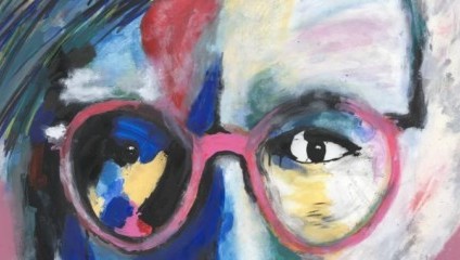 A vibrant abstract painting featuring a person's face with large glasses. The face is depicted using bold, colorful brushstrokes in hues of blue, yellow, red, and green against a pink background. The person's hair is streaked with multiple colors.