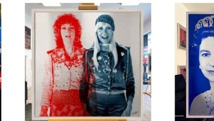 A triptych of colorful paintings: the first showcases a male figure with a guitar against a vibrant, graffiti-style background; the second features two smiling figures with vivid red hues; the third displays a portrait of a queen with 1952 to 2022 and a neon Pt 78 symbol.