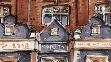 A detailed drawing of a historic building featuring ornate architectural design with arched windows, decorative stonework, and a central facade. The building's exterior is crafted in a mix of beige and brown shades revealing a distinguished and grand appearance.