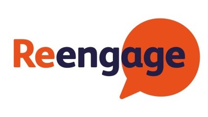Logo of Reengage with an orange speech bubble. The word Reengage is written inside the speech bubble, with Re in orange and engage in dark blue. The background is white.