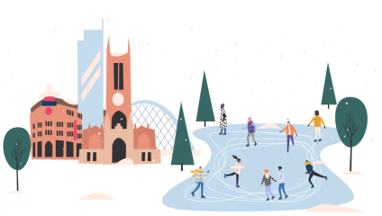 An illistration of cathedral gardens ice skating