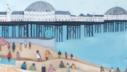 A painting of a seaside scene with a pier in the background. The pier features a white building with a domed roof and multiple arched openings. People are walking along the beach in coats and hats, suggesting cool weather. The water appears calm and blue.