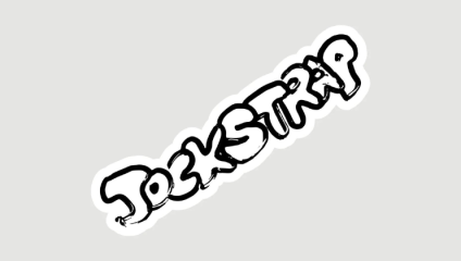 The image displays the word Jockstrap written in a black, playful, and wavy font, outlined in white. The letters are uneven and resemble a graffiti style. The background is light gray.