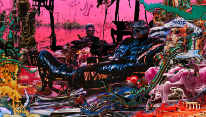 Two people sit and relax in chairs amidst a vibrant, surreal environment featuring abstract and highly colorful elements. The background includes distorted shapes and patterns with a predominantly pink hue, creating a dreamlike and fantastical atmosphere.