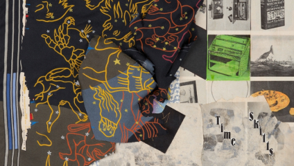 A collage featuring fabric pieces with vivid zodiac and animal artwork, coupled with black-and-white images of a typewriter, birds, and vintage ads. The words Time Skits are placed on a textured background in the lower right corner.