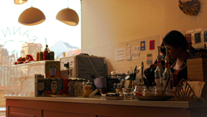 Barista preparing matcha at the counter at Granny’s Cafe.