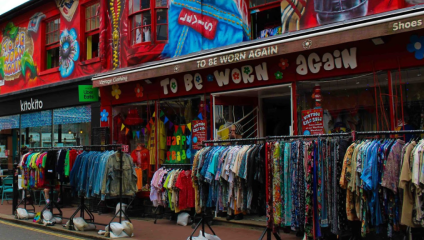Multicolour clothes rails outside one of two ‘To Be Worn Again’ locations in the North Laine.
