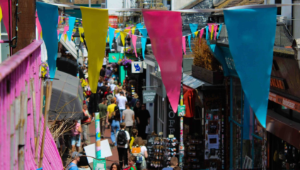 Elevated view of Kensington Gardens - a bustling and vibrant street at the heart of the North Laine.