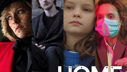 A composite image featuring four people: a person in a black hat with netting, a person in dark clothing against a brick wall, a young child with long hair, and a person wearing a face mask. The text HOME FILM PODCAST is written in white at the bottom.