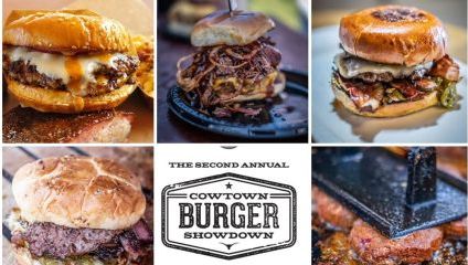 Lots of different burgers around the edge of the Cowtown logo