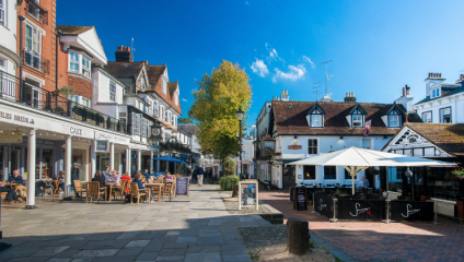 A photograph of the Pantiles, Tunbridge Wells, on a sunny summers day