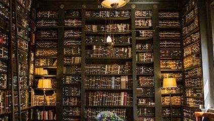 Image of dark book shelves inside the library