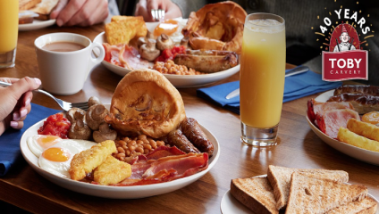 Toby Carvery all you can eat breakfast image on a plate with a yorkshire pudding
