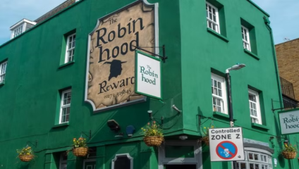 The Robin Hood, front of the pub, huge green building
