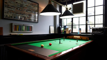 Inside Caxton Arms and the billiard table