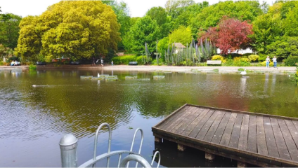 Queen's Park, Brighton with a large wildlife pond at the centre of the park. Offering an array of sports facilities, including multiple tennis courts and a playground and cafe.