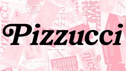 A promotional graphic with the word Pizzucci in bold, black, vintage-style font centered on a pink and white background filled with various pizza-related stickers and tags.