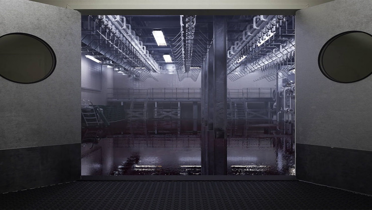 A dimly lit industrial room with rows of overhead hooks and chains, reflecting on a wet, glossy floor. The space between two circular windows on grey metallic doors offers a glimpse into the room, highlighting its mechanical and utilitarian design.
