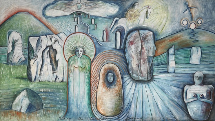 Abstract painting depicting surreal human-like figures and rock formations against a landscape with mountains, a sun, and flowing water. Ethereal and dreamlike, the scene includes a green-glowing figure, a hooded figure, and a person with a book in stark, fluid lines and colors.