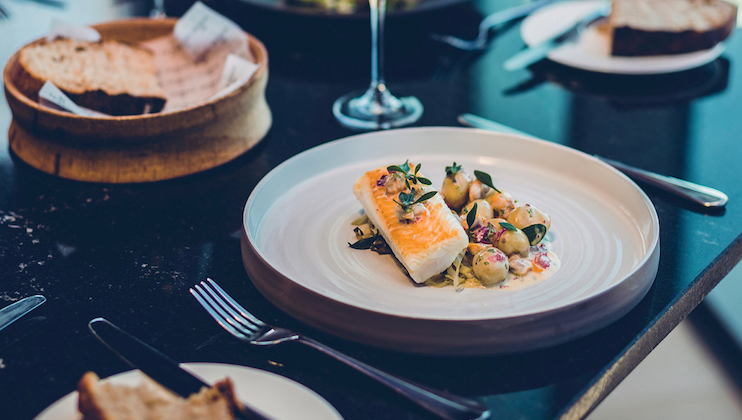 Salmon and olive dish at 20 Stories Rooftop Restaurant in Manchester
