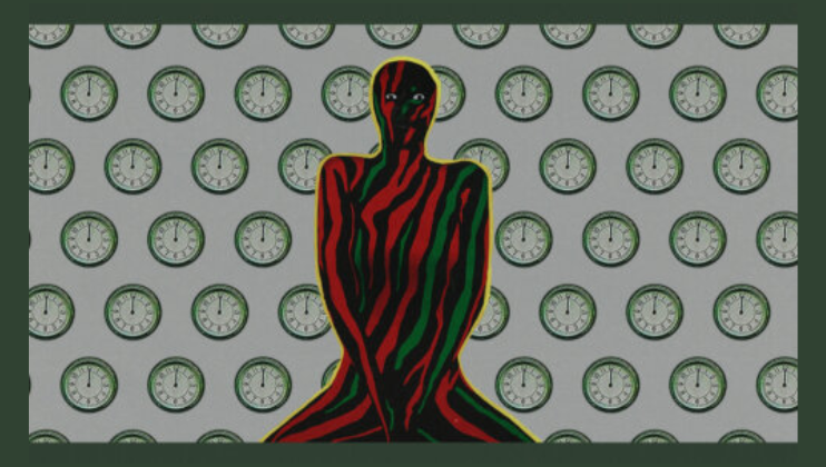 An abstract artwork featuring a figure with a red and black striped pattern against a backdrop of numerous analog clocks showing different times. The background clocks are arranged in an orderly grid pattern on a grey surface.