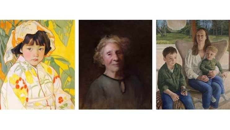 Three portraits are shown. The first is a painting of a young girl in a floral-patterned kimono against a yellow background. The second is a dark, moody portrait of an elderly woman. The third shows a mother and her two young children seated on a porch.