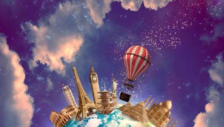 A digitally-created image of Earth showcases famous landmarks such as the Eiffel Tower, Big Ben, Leaning Tower of Pisa, and the Taj Mahal. A hot air balloon and scattered clouds fill the sky with a dreamy, surreal atmosphere.