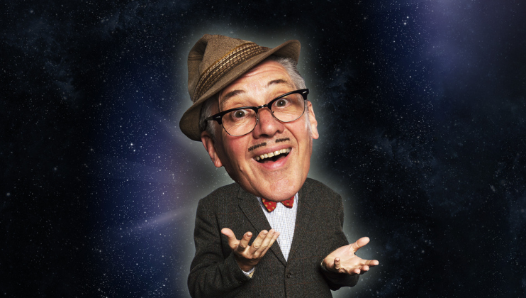 A caricature of an older man with glasses and a mustache, wearing a brown hat, a bow tie, and a suit jacket, is depicted against a starry space background. The man has an exaggerated, joyful expression and raises his hands as if questioning or presenting something.