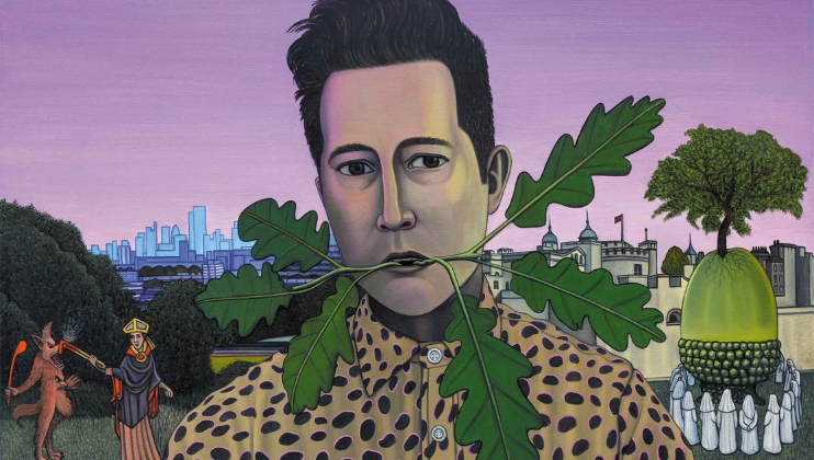 A self-portrait, in paint, of Ben Edge; he holds a branch in his mouth. In the background, on one side a Druid circle performs a ritual around a tree protruding upwards from a giant acorn; on the other, an woman in mediaeval dress holds a sword towards a demon. The London skyline is in the distant background.