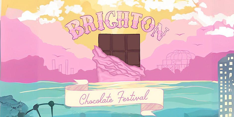 Colourful pastel poster featuring artwork of a chocolate bar, advertising Brighton Chocolate Festival.