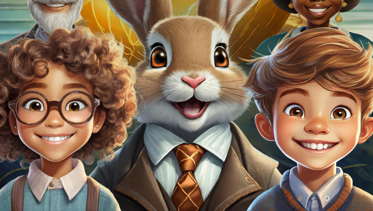 An illustration of three anthropomorphic characters smiling. In the center is a well-dressed rabbit in a suit and tie. On each side of the rabbit are two smiling children, one with curly hair and glasses on the left, and one with straight hair on the right.