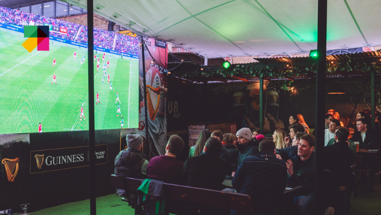 A photo of the outdoor screen showing the Six Nations Rugby at Vinegar Yard, London Bridge