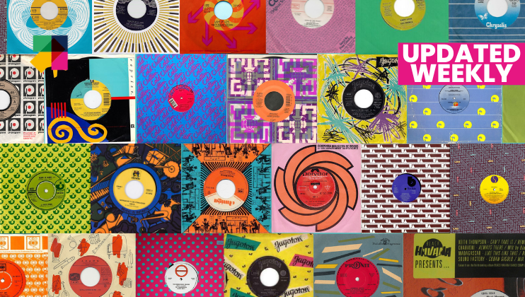 A vibrant collage of colorful vinyl records covers displayed in a grid format. Each cover features unique and artistic designs ranging from abstract patterns to detailed illustrations. The top right corner has text in bold, pink letters stating Updated Weekly.