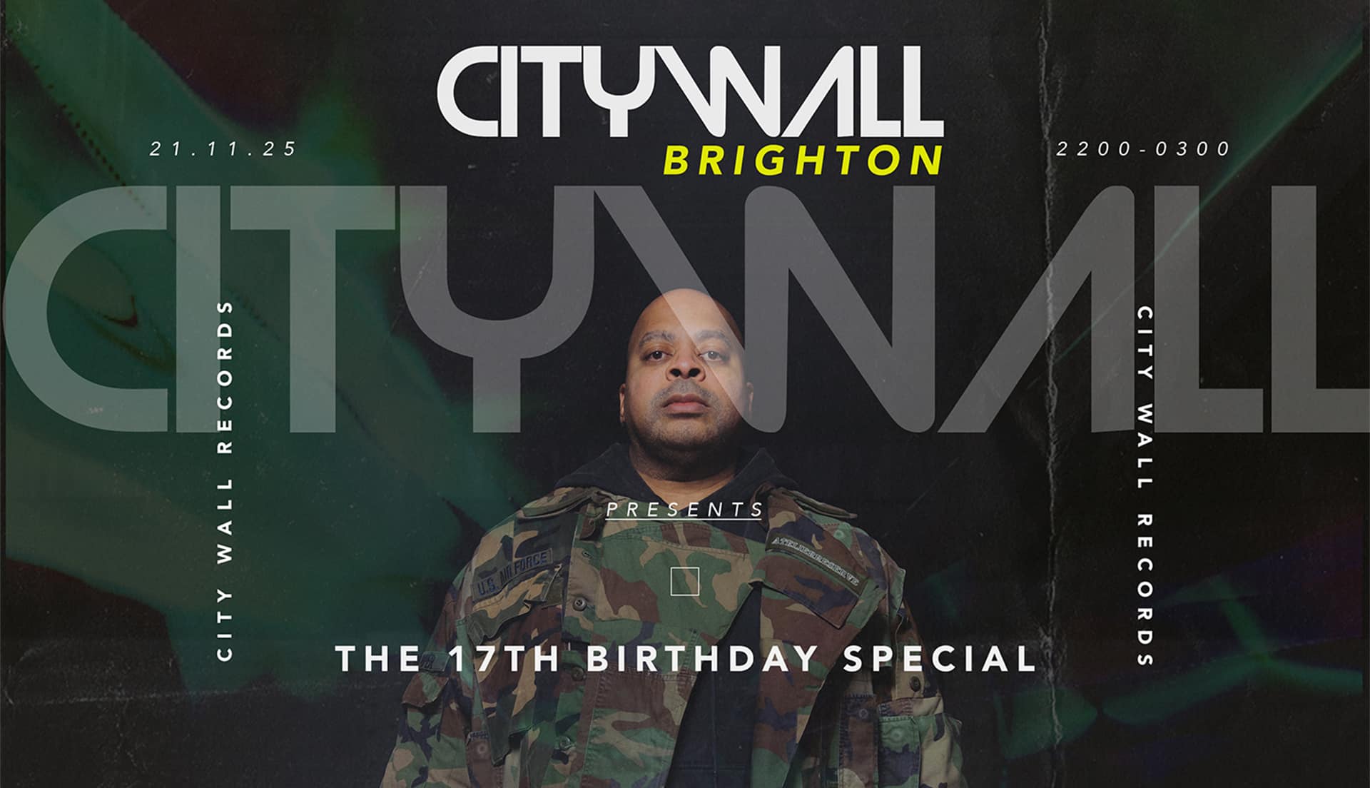 Poster for City Wall Brighton’s 17th Birthday Special featuring DJ Bone in a camo jacket on a dark, urban background. Text includes 21 November 2025 and 22:00–03:00, promoting a Brighton club night by City Wall Records.