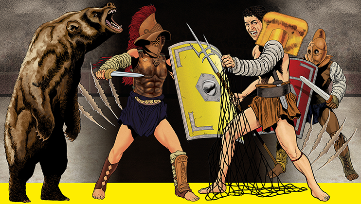 Illustration of gladiators in combat, including a gladiator with a red plume helmet fighting a net-armed gladiator. Another armored gladiator appears in the background. A roaring bear with extended claws is on the left. The scene is intense and action-packed.