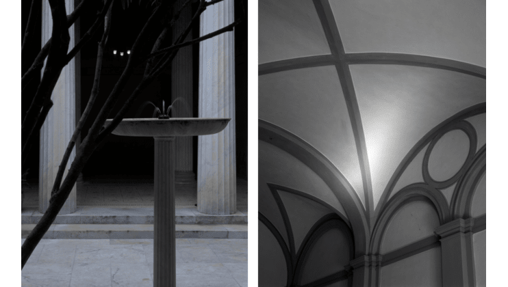 Left: A stone fountain stands in front of a darkened building entrance, surrounded by tree branches. Right: An ornate ceiling with intersecting arches and soft lighting, creating a dramatic, geometric pattern in grayscale.