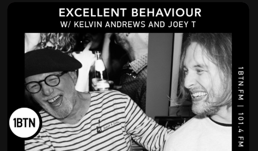 Promo image for EXCELLENT BEHAVIOUR: Kelvin Andrew's and Joey T's slot on 1BTN radio show. Kelvin on the left with a striped black and white shirt and a beret, with thick rimmed round glasses, laughing and holding onto Joey on the right, smiling in a sweater.