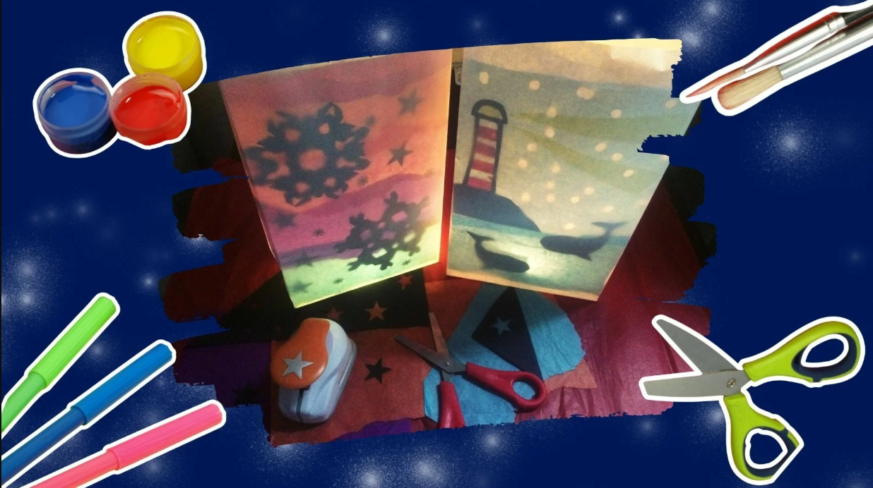 A digital photocollage of kids paint pots, felt tips, paintbrushes and safety scissors surrounding two festive shadow lanterns with rainbows, snowflakes, and a snowy lighthouse scene with whales.
